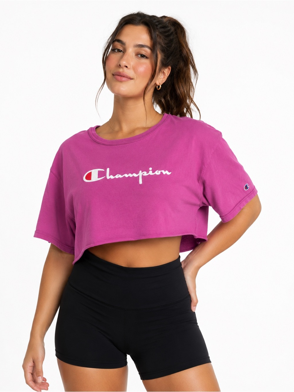 💗5 for $25💗 Champion Cropped Script Logo Tee - Magenta